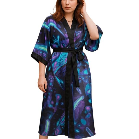 Mystical Velvet Burnout: A Synthwave Fantasy Satin Kimono - Picture 1 of 4